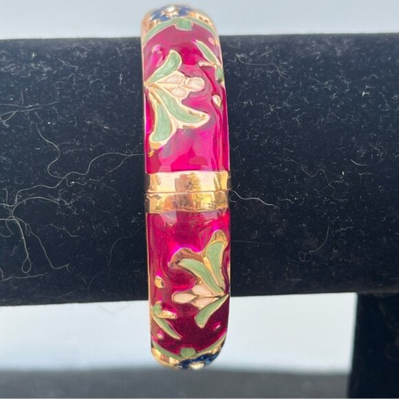 Cloisonne Enamel Floral Hinged Bangle Bracelet - Picture 3 of 11